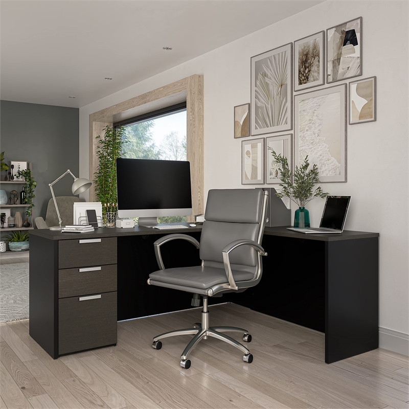 Atlin Designs Modern Durable Wood L Desk in Deep Gray and Black