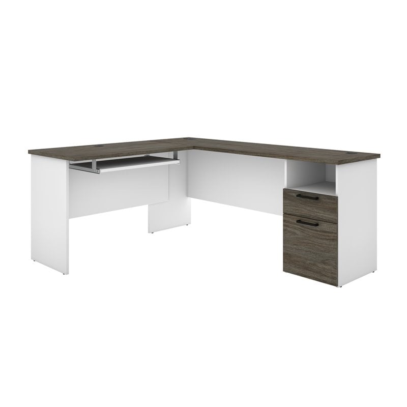 Atlin Designs Laminated Walnut Gray and White Computer Desk L-Shaped Reversible 71