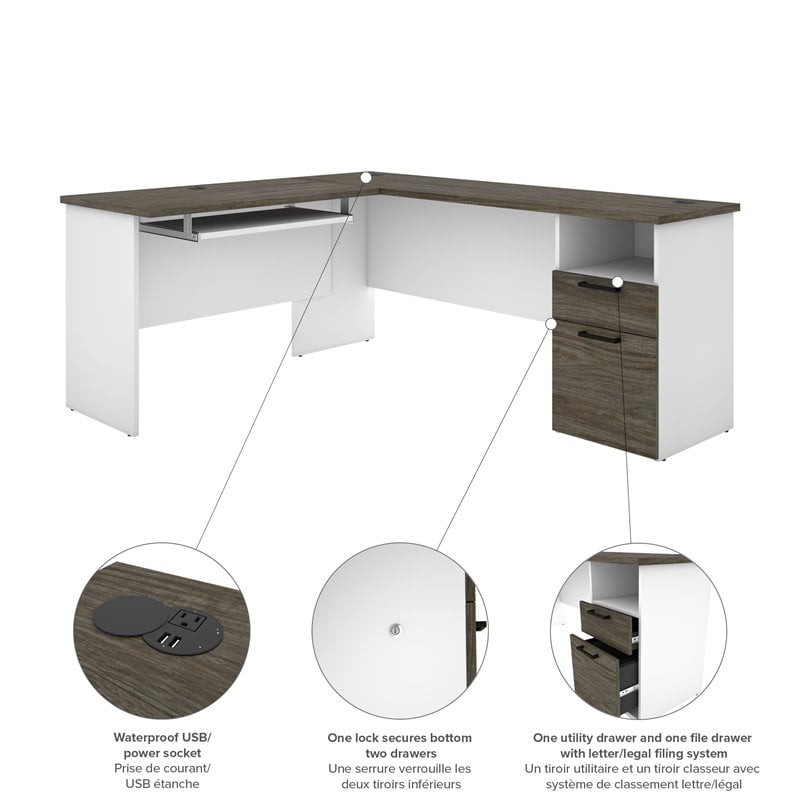 Atlin Designs Laminated Walnut Gray and White Computer Desk L-Shaped Reversible 71