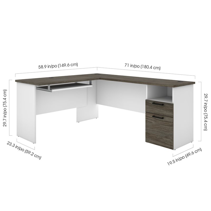 Atlin Designs Laminated Walnut Gray and White Computer Desk L-Shaped Reversible 71