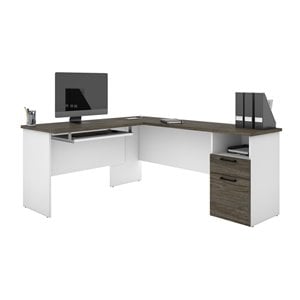 Atlin Designs Laminated Walnut Gray and White Computer Desk L-Shaped Reversible 71&quot Unassembled