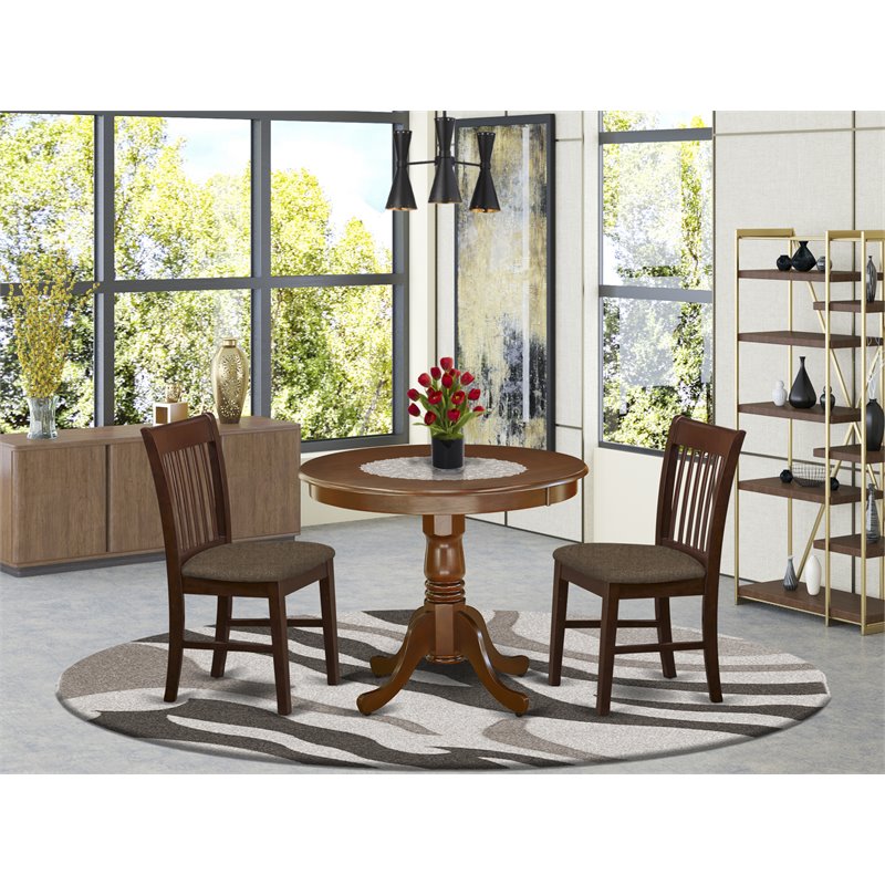 Atlin Designs Antique 3-piece Dining Set w/ Linen Fabric Seat in Mahogany
