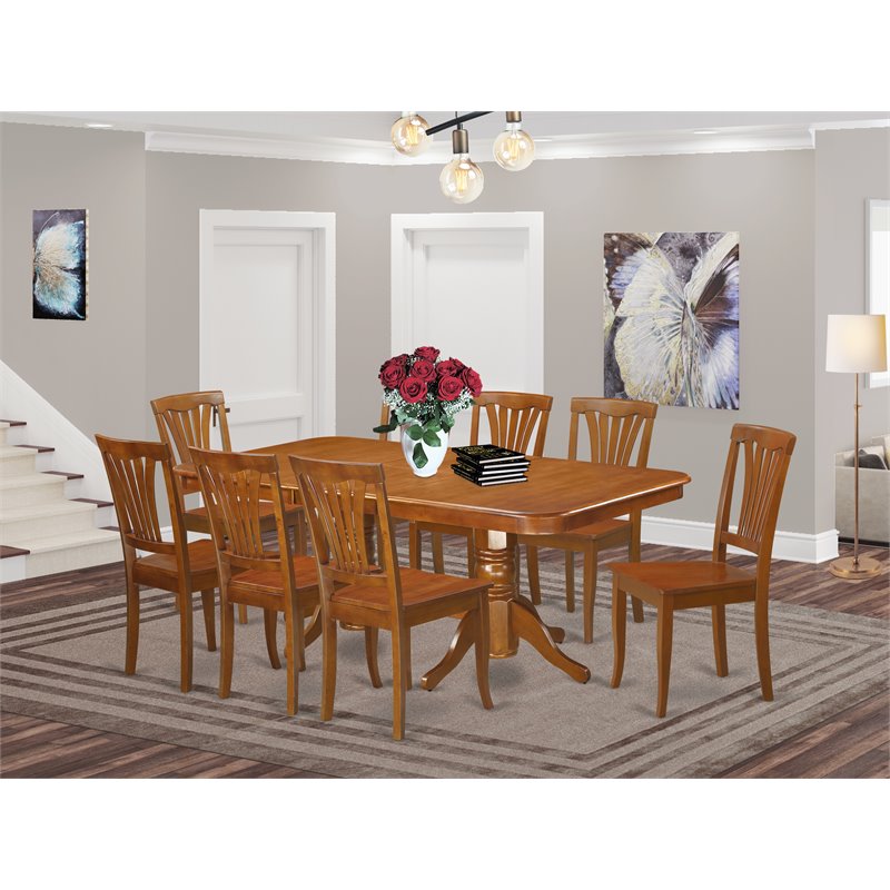 Atlin Designs 9-piece Dining Set with Wood Seat in Saddle Brown