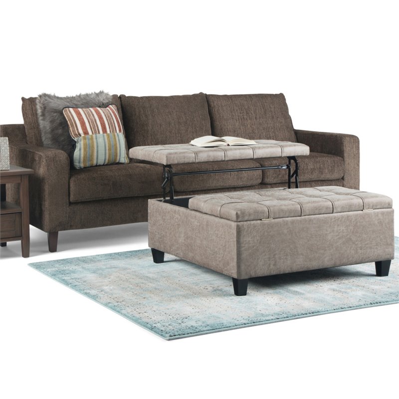 Atlin Designs Coffee Table Storage Ottoman in Distressed Gray Taupe Faux Leather