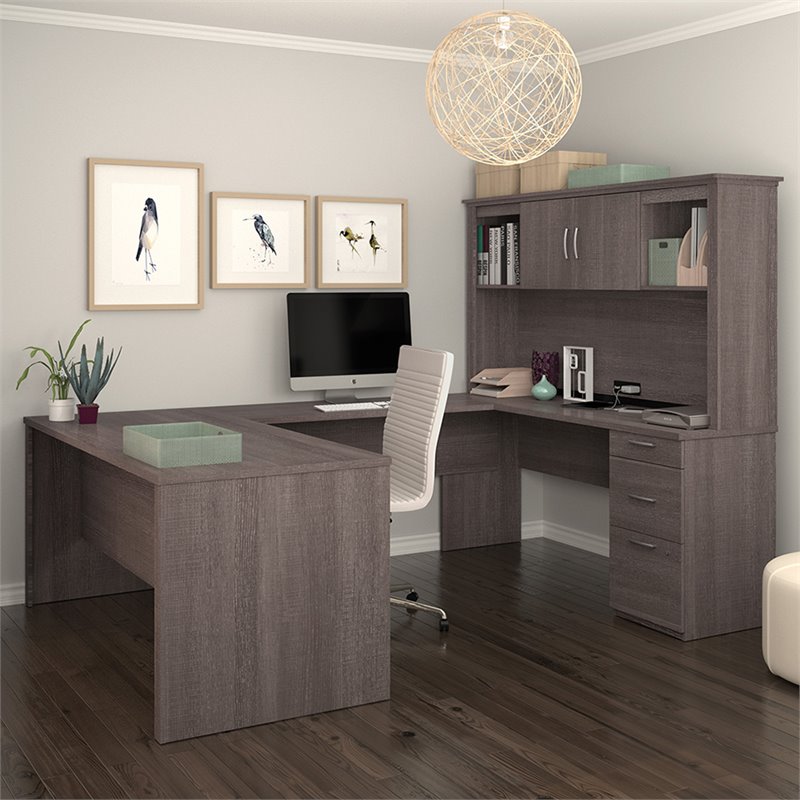 Atlin Designs Wood Bark Gray Computer Desk U Shape With Hutch 95.5