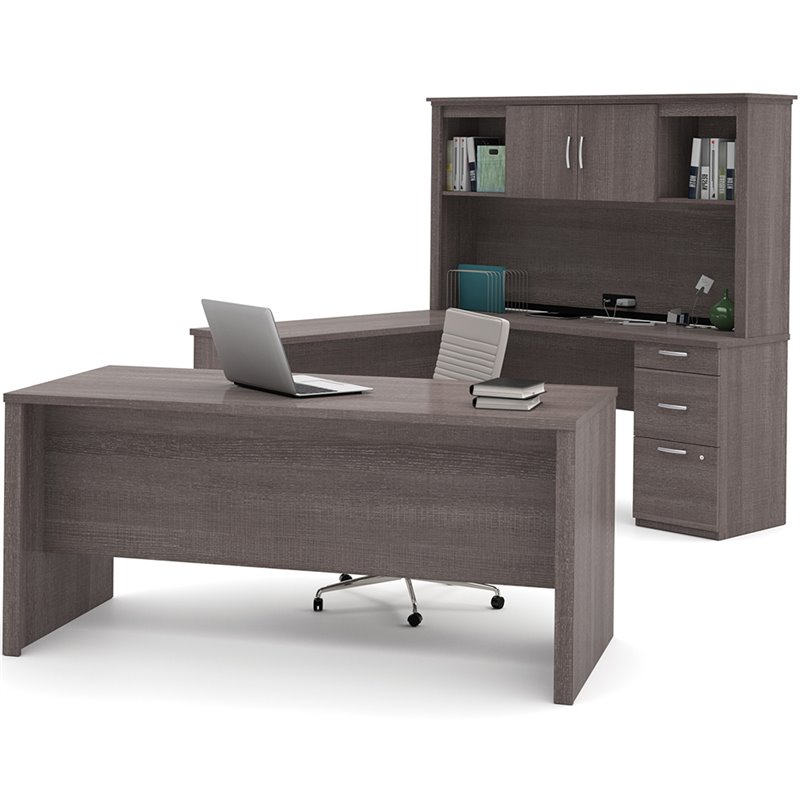 Atlin Designs Wood Bark Gray Computer Desk U Shape With Hutch 95.5