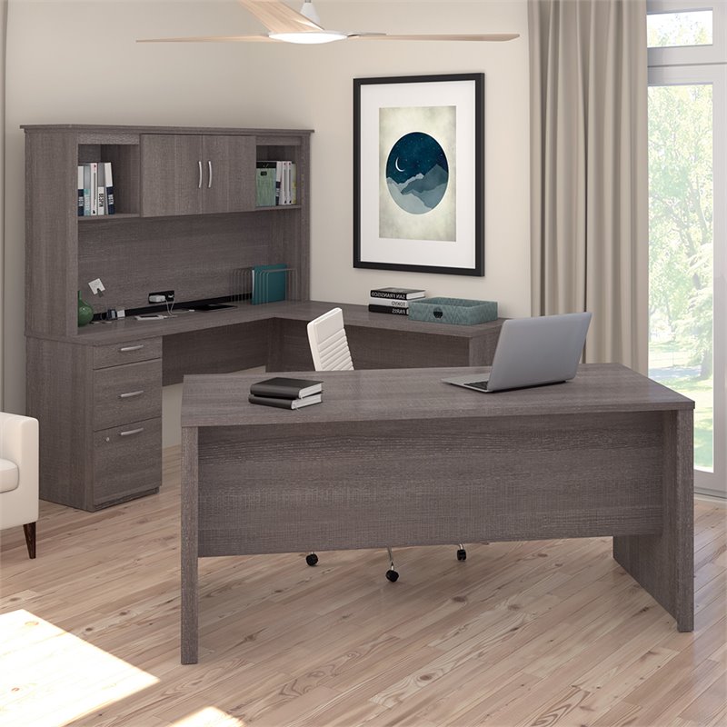 Atlin Designs Wood Bark Gray Computer Desk U Shape With Hutch 95.5