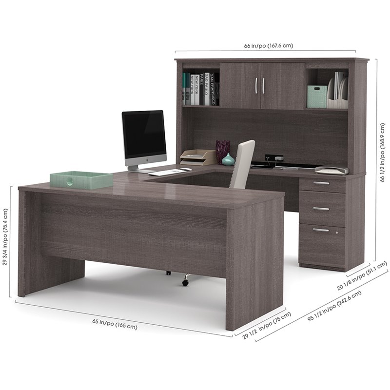 Atlin Designs Wood Bark Gray Computer Desk U Shape With Hutch 95.5