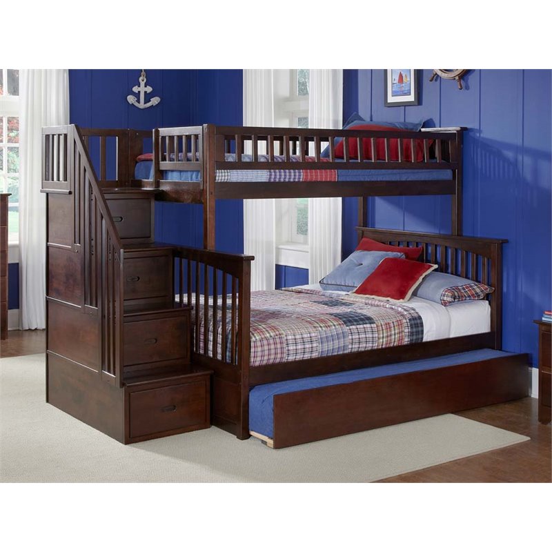 Rosebery Kids Twin over Full Staircase Bunk Bed with Trundle in Walnut