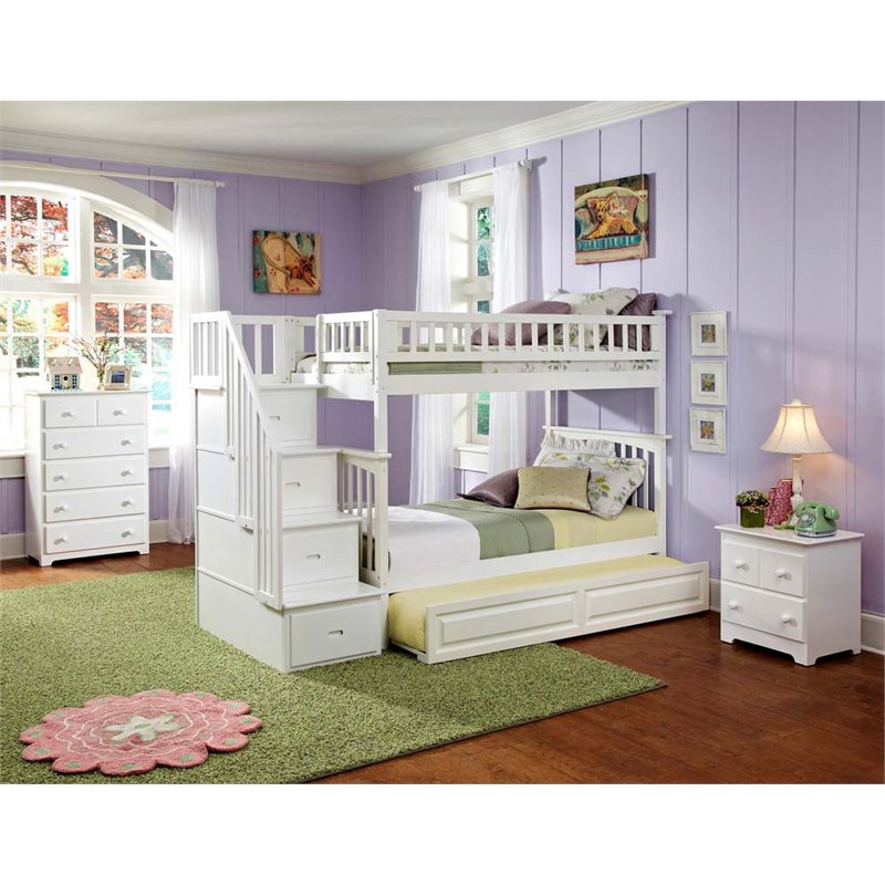 Rosebery Kids Twin over Twin Staircase Bunk Bed with Trundle in White