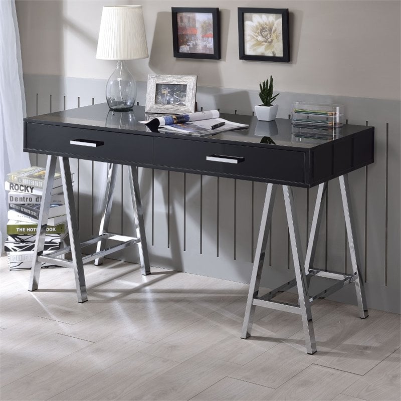 NewTitle: Pemberley Row Metal Black Writing Desk Rectangular Glossy Top 54