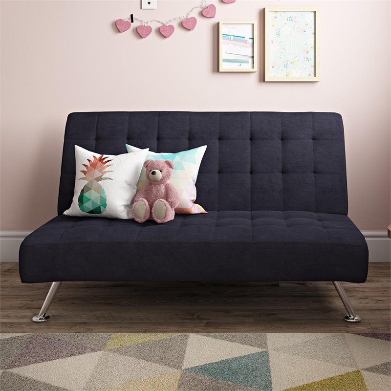 Tufted Sleeper Sofa in Dark Blue and Chrome