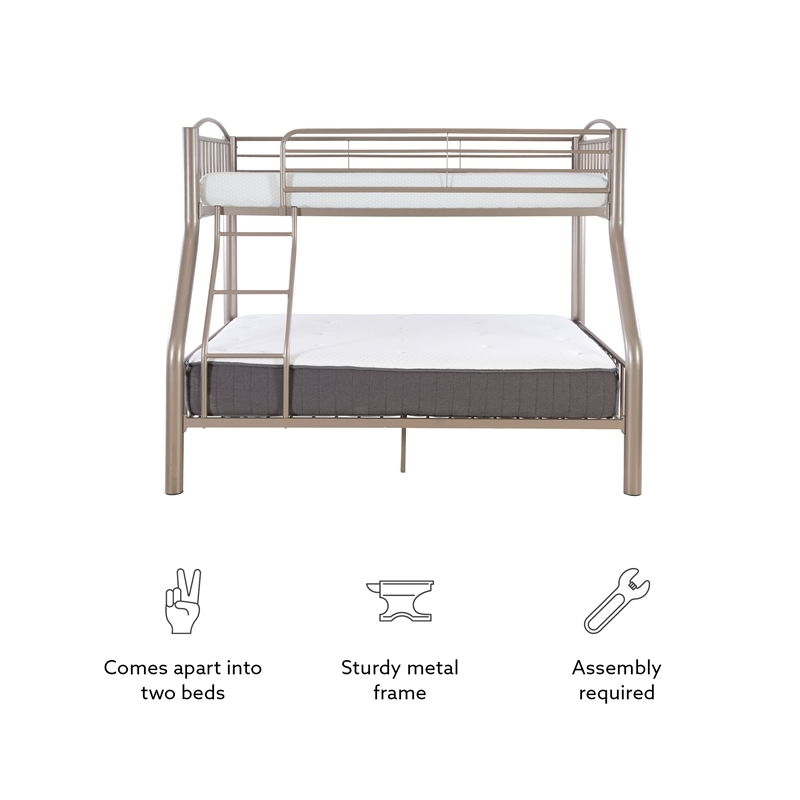 Rosebery Kids Metal Heavy Twin Over Full Bunk Bed Attached Ladder in Pewter