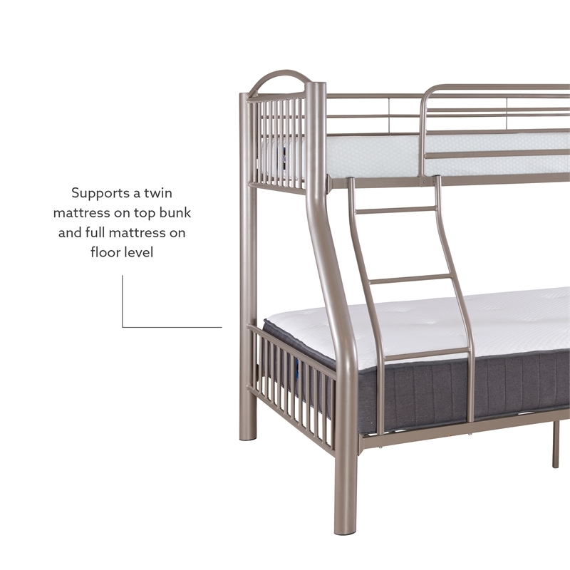 Rosebery Kids Metal Heavy Twin Over Full Bunk Bed Attached Ladder in Pewter