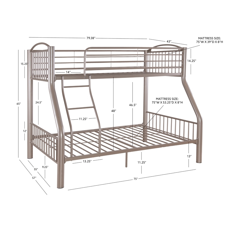 Rosebery Kids Metal Heavy Twin Over Full Bunk Bed Attached Ladder in Pewter