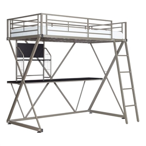 Rosebery Kids Metal Student Loft Twin Bed Lower Desk Unit in Pewter