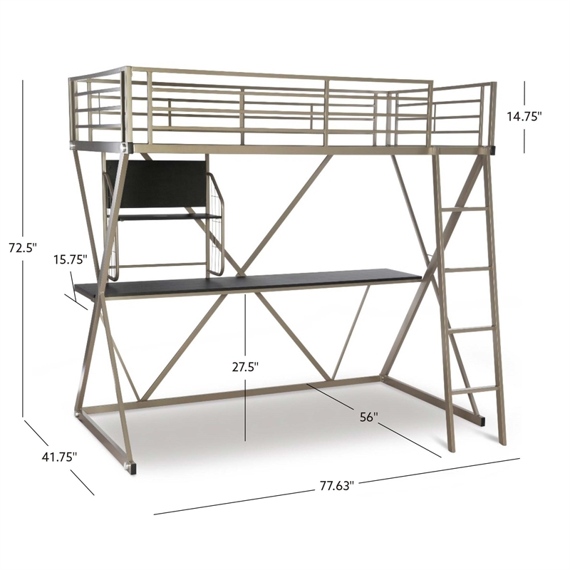 Rosebery Kids Metal Student Loft Twin Bed Lower Desk Unit in Pewter