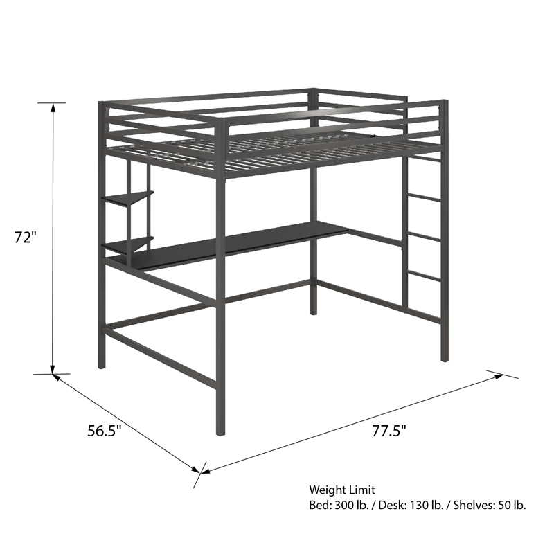 Rosebery Kids Metal Full Loft Bed with Desk in Gray & Black