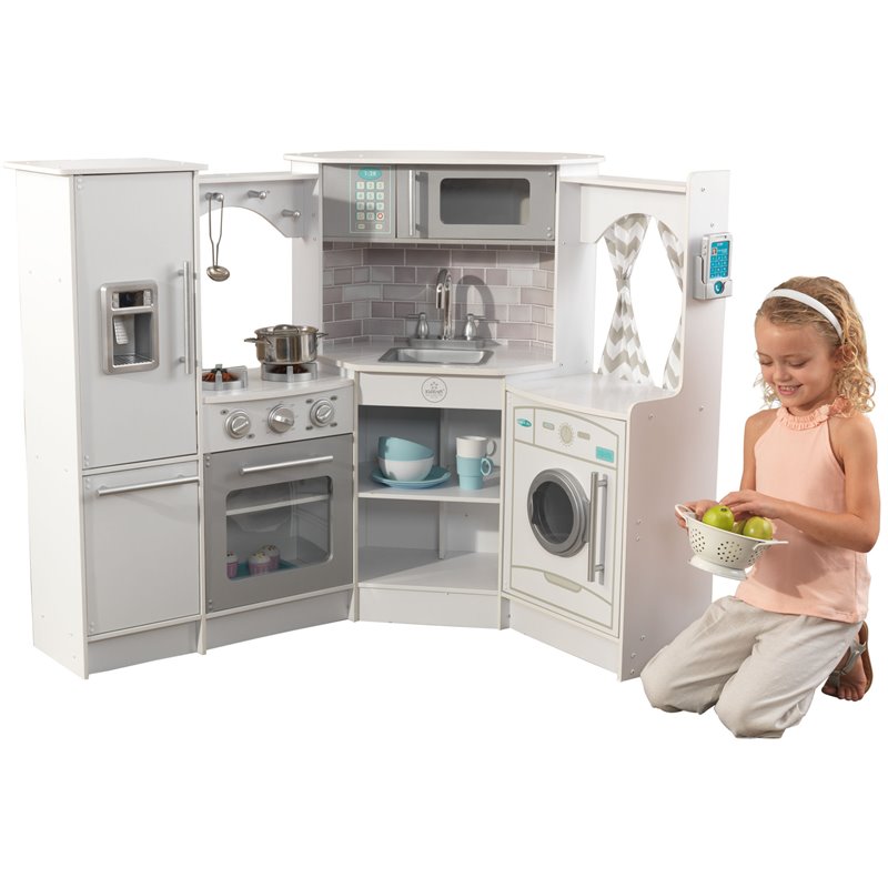 Rosebery Kids Ultimate Wooden Corner Play Kitchen with Lights and Sounds - White