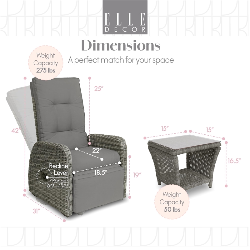 Elle Decor Vallauris 3-Piece Outdoor Reclining Chair Set Grey