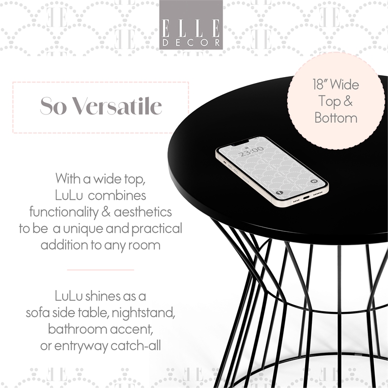 Elle Decor Lulu Modern Hourglass End Table with Metal Top for Bedroom Black