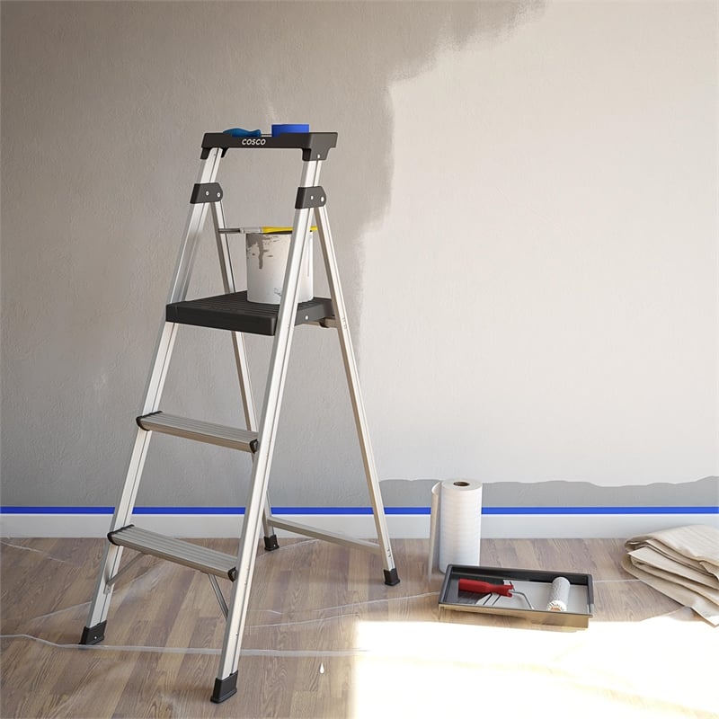 COSCO 3-Step 5' Lite Solutions Folding Step Stool 225 lb. Capacity - Aluminum