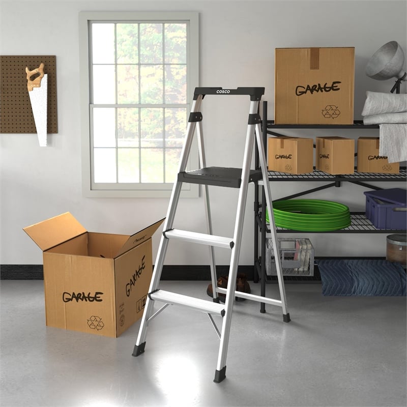 COSCO 3-Step 5' Lite Solutions Folding Step Stool 225 lb. Capacity - Aluminum