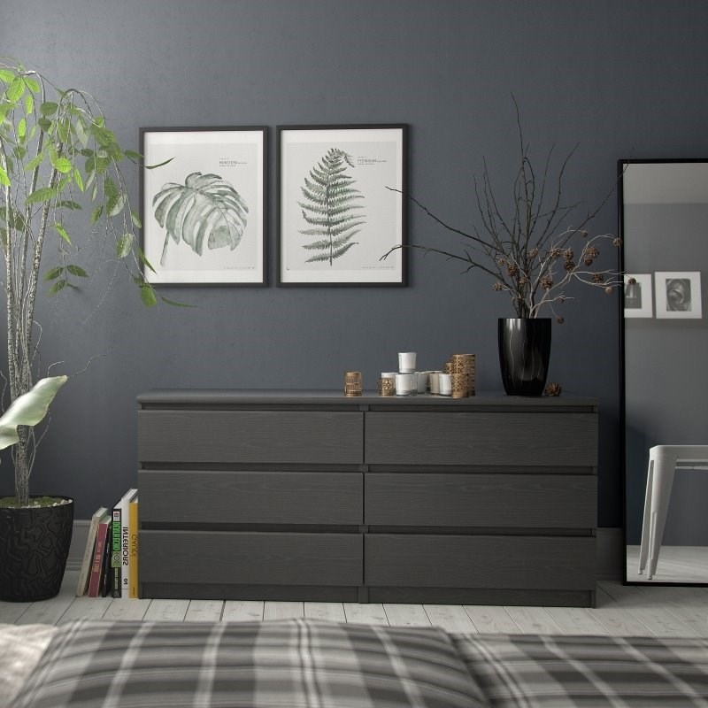 3 Piece Bedroom Set with 6-Drawer Double Dresser and Two Night Stands in Black Woodgrain