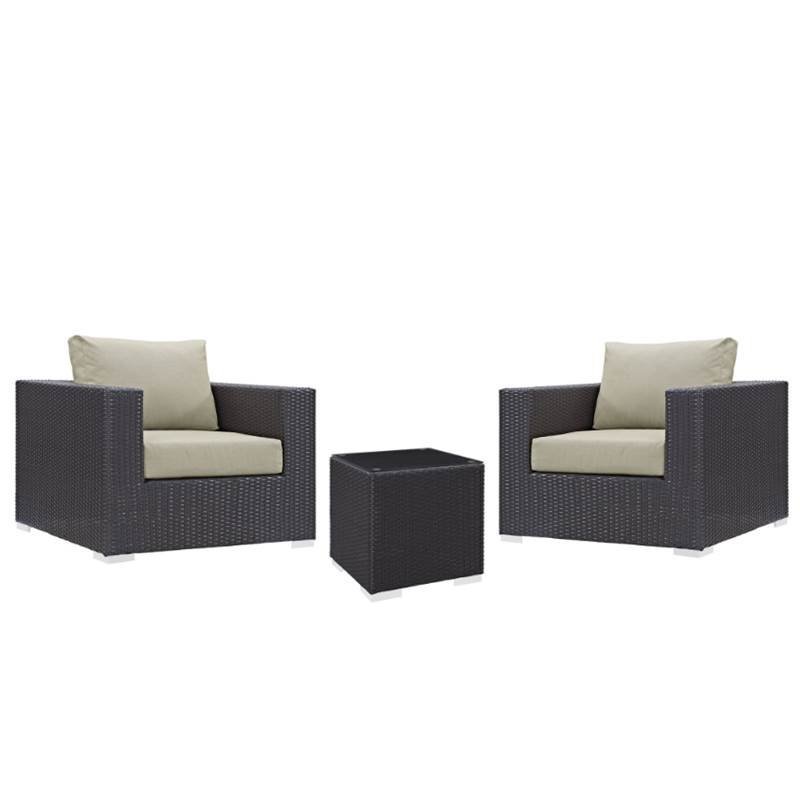 3 Piece Patio Furniture with Set of 2 Patio Chair and End Table in Espresso and Beige