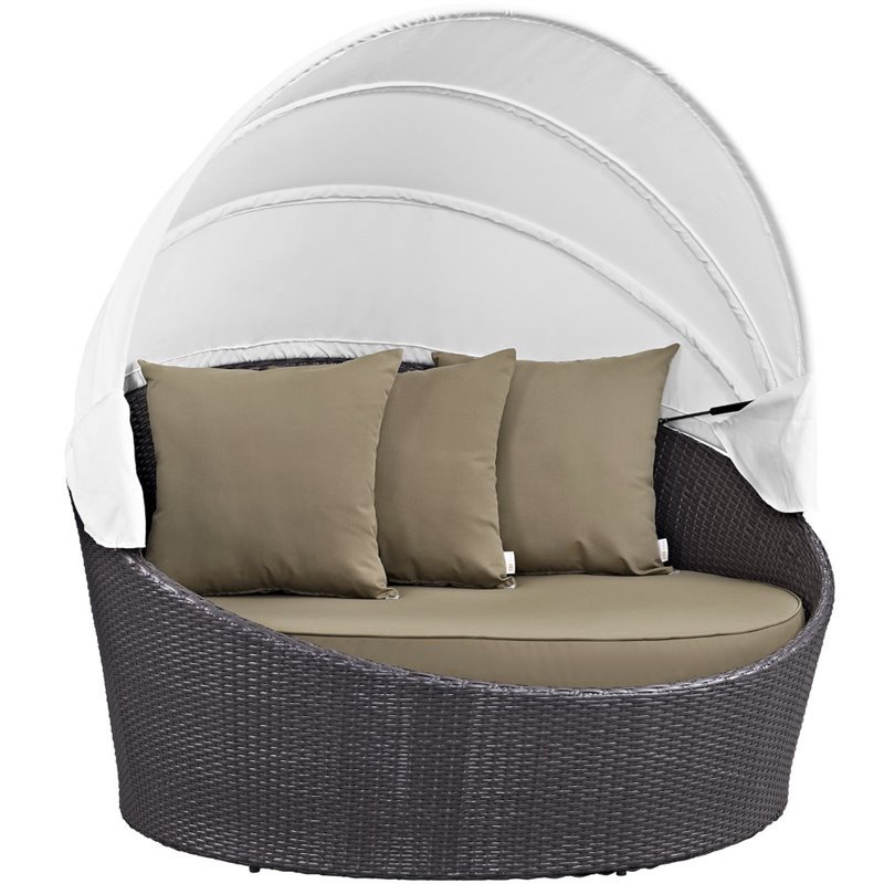 2 Piece Patio Furniture Set with Canopy Patio Daybed and End Table in Espresso Wicker