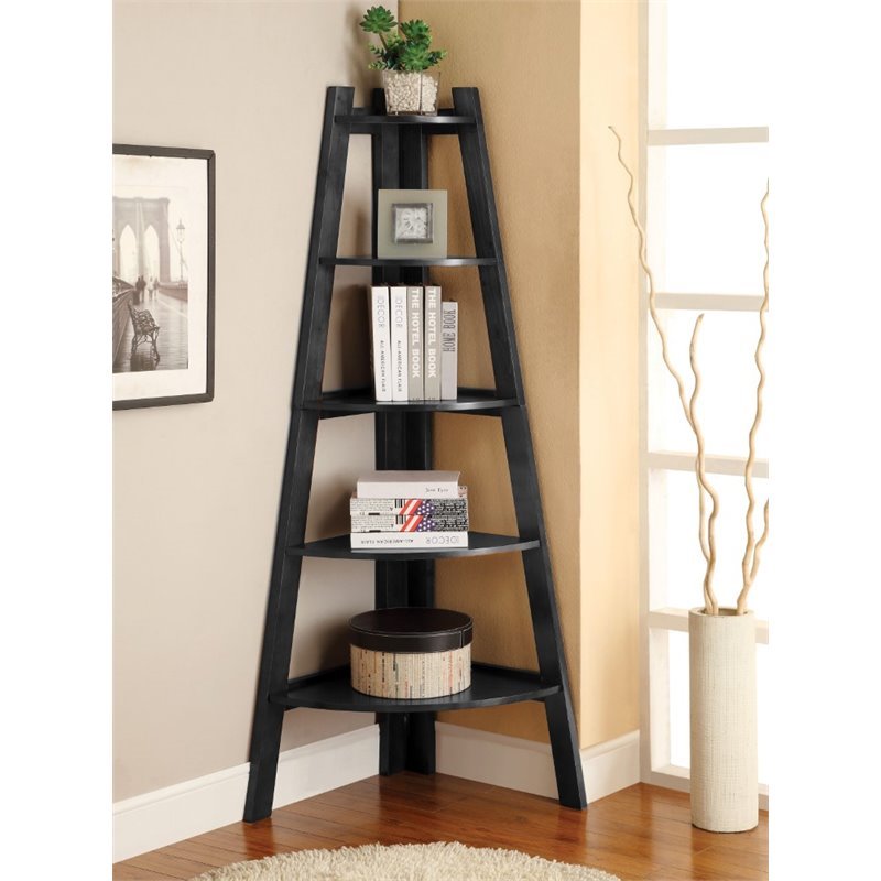 (Set of 2) 5 Shelf Corner Bookcase in Black