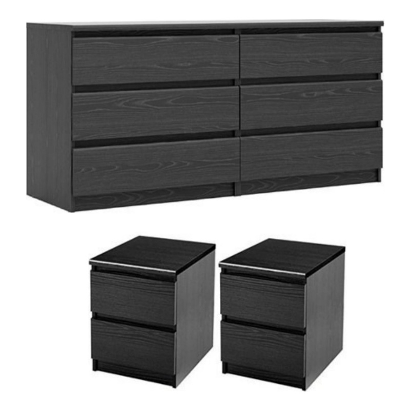 3Pc Bedroom Set with 6 Drawer Double Dresser & Two 2 Drawer Nightstands in Black