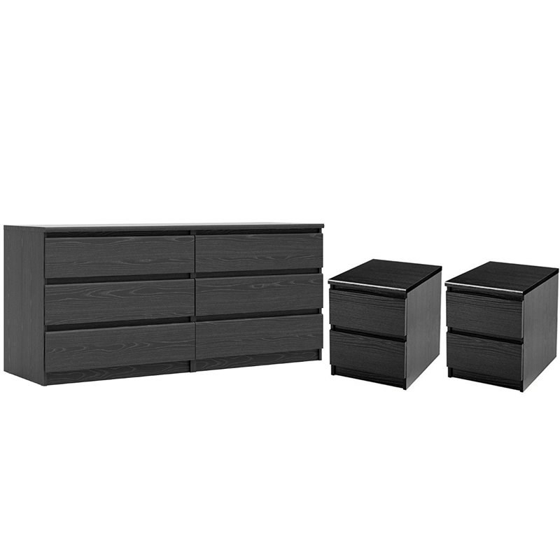 3Pc Bedroom Set with 6 Drawer Double Dresser & Two 2 Drawer Nightstands in Black