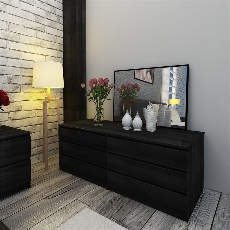 3Pc Bedroom Set with 6 Drawer Double Dresser & Two 2 Drawer Nightstands in Black