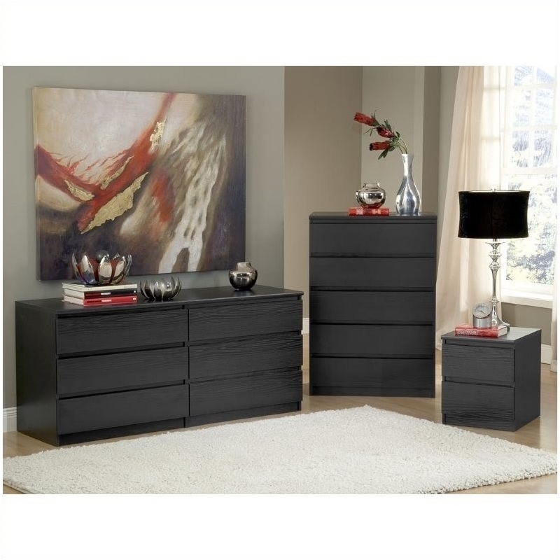3Pc Bedroom Set with 6 Drawer Double Dresser & Two 2 Drawer Nightstands in Black