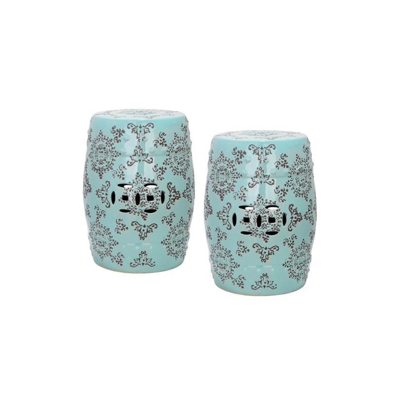 (Set of 2) Ceramic Medallion Garden Stool in Robbins Egg Blue