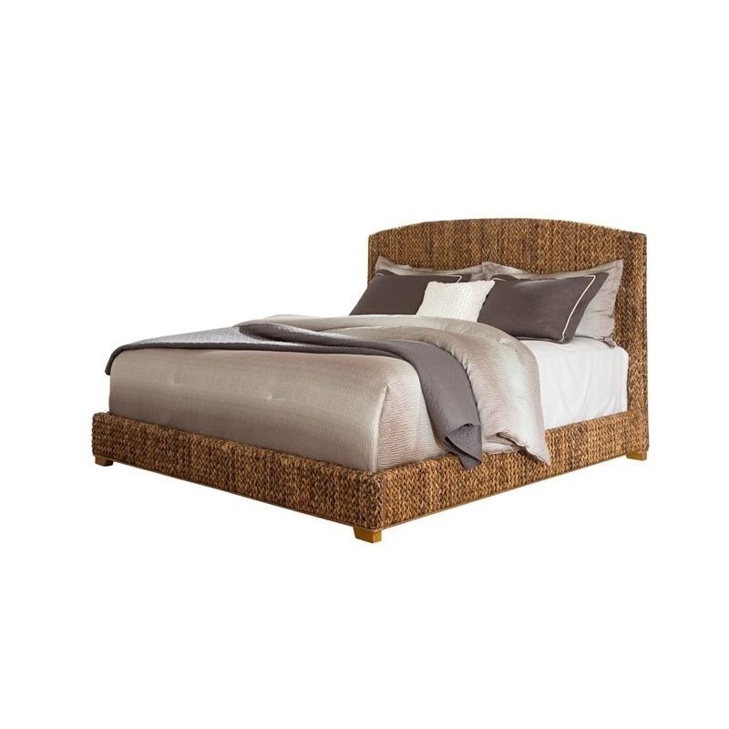 2 Piece Bedroom Set with Hand Woven Bed and Bench in Natural Brown