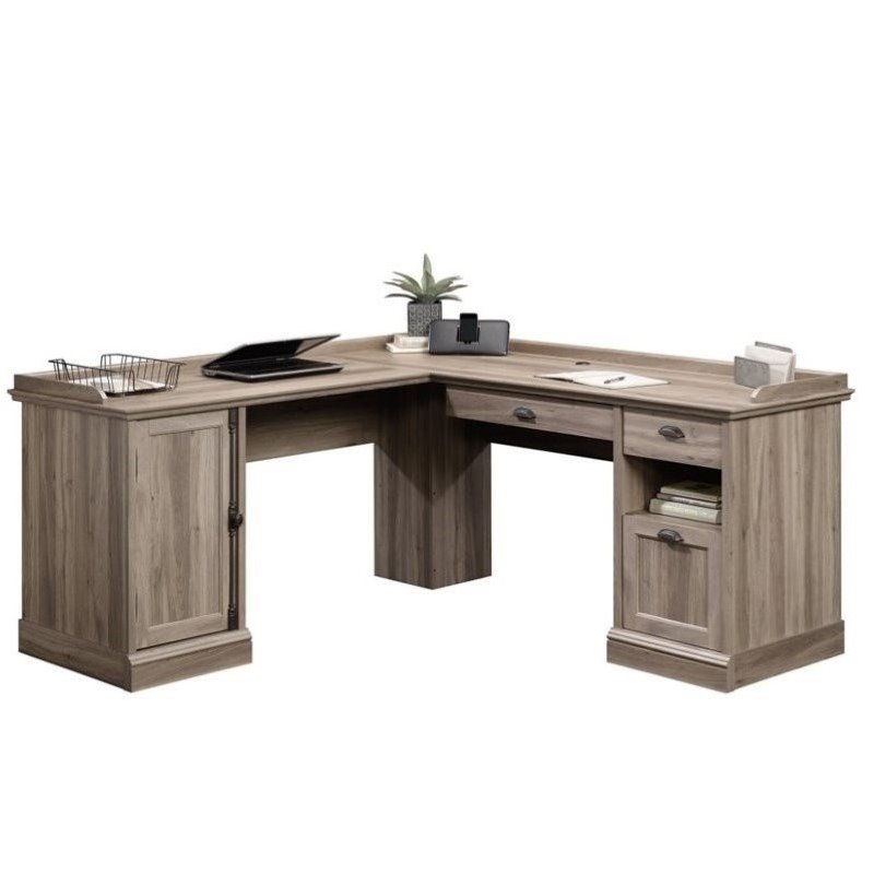 Home Square 2 Piece L-Shaped Computer Desk with Storage Cabinet Set in Salt Oak