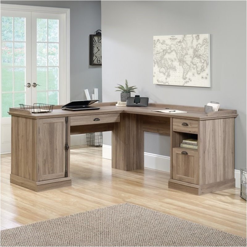 Home Square 2 Piece L-Shaped Computer Desk with Storage Cabinet Set in Salt Oak