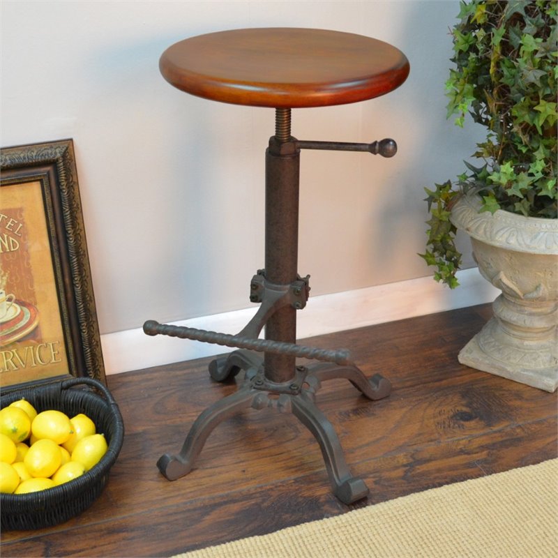 Set of 2 Iron Restoration Adjustable Bar Stools in Rustic Wood