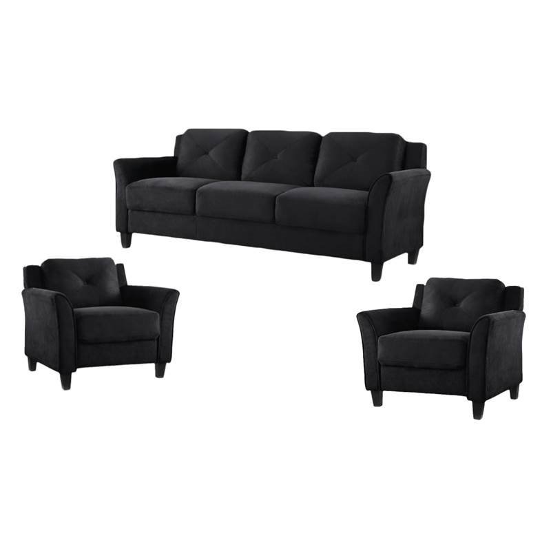 Set of 3 Black Microfiber Sofa and Accent Chair 