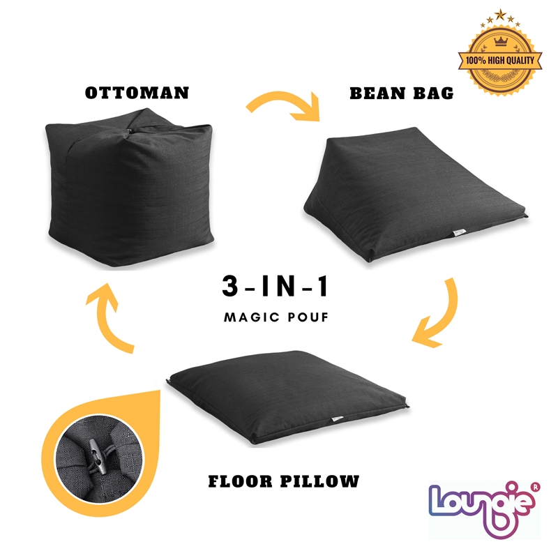 Set of 2 Magic Pouf Grey Linen Beanbag 3 in 1 Ottoman Chair Pillow