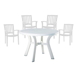 5 Piece Set 42&quot Round Resin Patio Table and 4 Resin Chairs in White