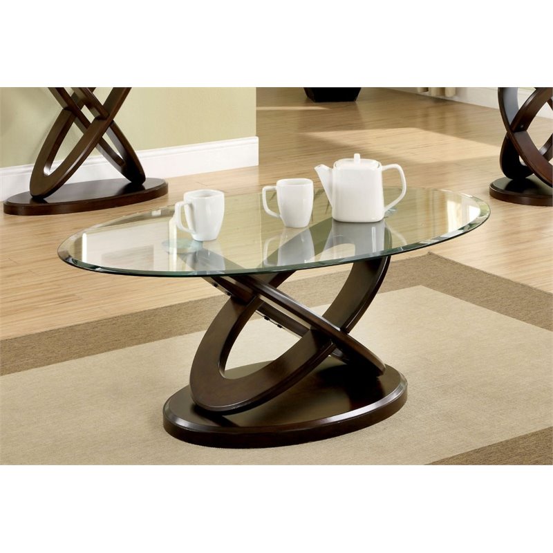 Darbunic Contemporary 3-Piece Glass Top Coffee Table Set in Dark Walnut