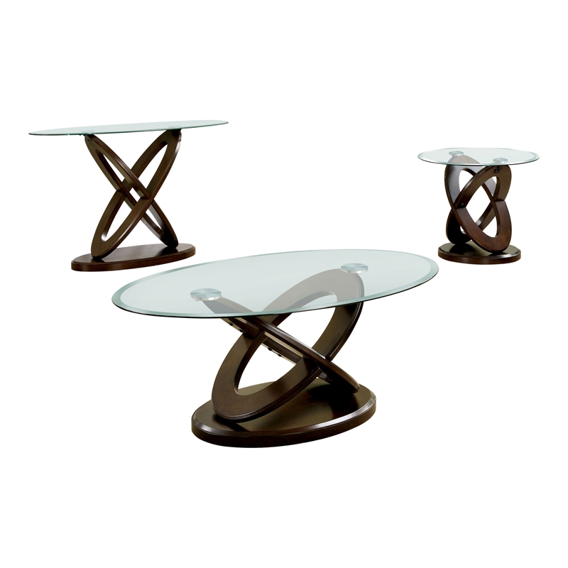 Darbunic Contemporary 3-Piece Glass Top Coffee Table Set in Dark Walnut
