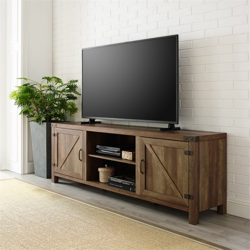 4 Piece Barn Door TV Stand Coffee Table and 2 End Table Set in Rustic Oak