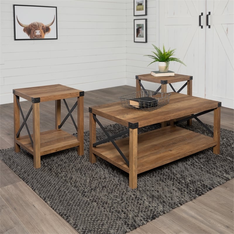 4 Piece Barn Door TV Stand Coffee Table and 2 End Table Set in Rustic Oak