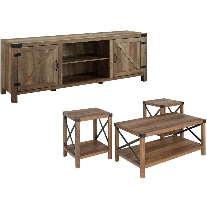 4 Piece Barn Door TV Stand Coffee Table and 2 End Table Set in Rustic Oak