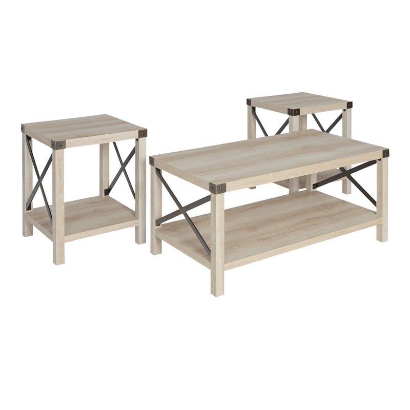 4 Pieces Metal Barn Door TV Stand Coffee Table and 2 End Table Set in White Oak
