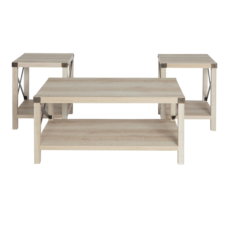 4 Pieces Metal Barn Door TV Stand Coffee Table and 2 End Table Set in White Oak